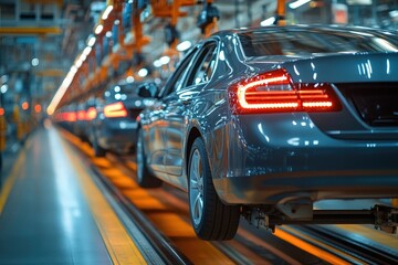Poster - A series of silver cars moves along the automated assembly line in a bustling factory. Workers are actively engaged in the car manufacturing process, ensuring quality and efficiency