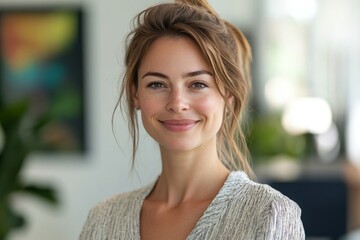 Confident professional in office environment smiling at camera, Generative AI