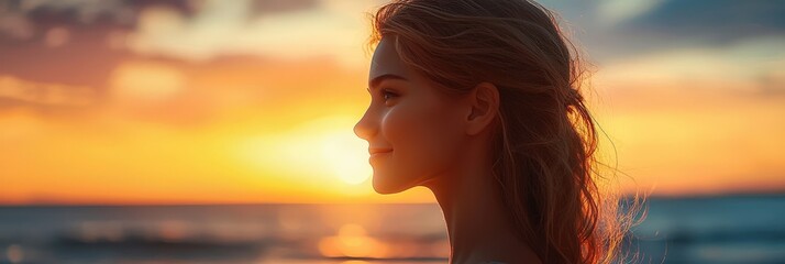 Poster - A young woman stands by the shoreline, gazing at the sunset while the sun dips below the horizon, casting a warm glow over the calm ocean waters