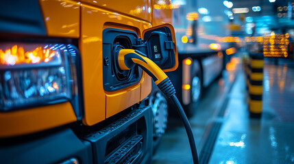 Electrical truck vehicle at the charging station. Logistics, delivery, and sustainable energy concept.