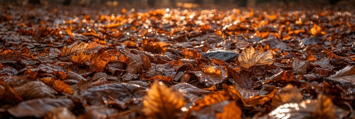 Wall Mural - Brightly colored leaves blanket the ground, illuminated by warm sunlight streaming through the trees on a peaceful autumn day