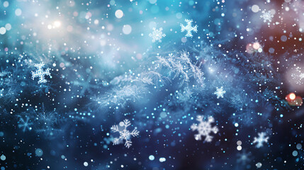 Aufkleber - Gentle snowflakes falling on a stunning blue winter backdrop with twinkling bokeh lights, setting a festive and enchanting mood