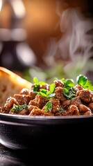 Wall Mural - Traditional Portuguese fava bean stew served in a deep, rustic dish, garnished with fresh herbs and accompanied by a slice of crusty bread