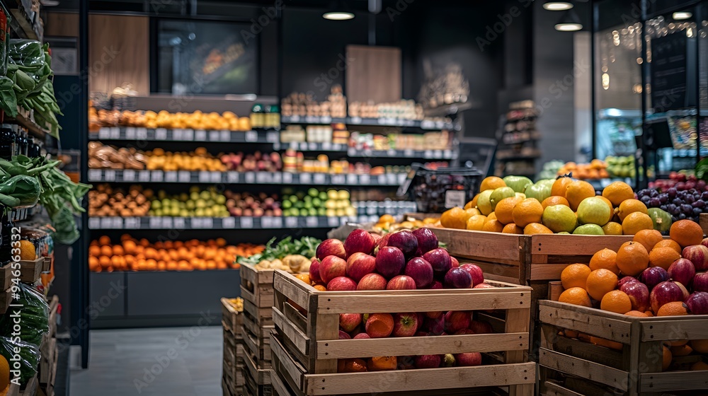 Fruit and vegetable display in organic grocery store with wooden boxes ...