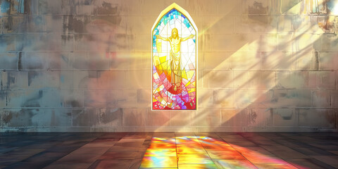 A serene, sunlit stained-glass window depicting Jesus Christ, casting vibrant hues across a simple, whitewashed church wall.