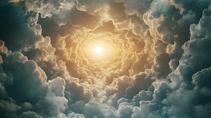 Poster - A conceptual and surreal image depicting a tunnel like formation of clouds leading the viewer s gaze towards a distant radiant light source symbolizing the potential for transformation and growth