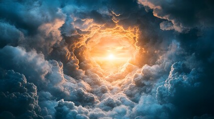 Poster - A conceptual image depicting a captivating tunnel formed by clouds guiding the viewer s gaze towards a distant luminous light source  This surreal and dreamlike scene evokes a sense of wonder