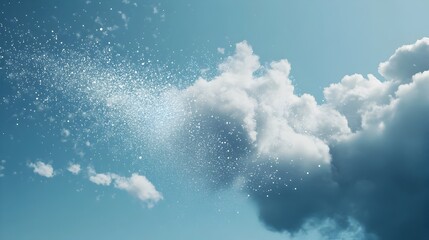 Poster - Conceptual image of clouds dissolving into tiny particles slowly blending and merging into the serene blue sky with a sense of ethereal atmospheric transformation and movement