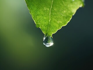 Wall Mural - A single dewdrop hangs from a green leaf, glistening in the sunlight.