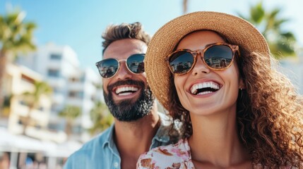 A joyful couple with sunglasses and casual summer attire smiling broadly, standing outdoors with palm trees and a bright sunny day in the background, enjoying each other's company.