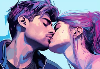 Wall Mural - Passionate kiss between charming handsome lovers. Colorfull image of loving couple. Cropped close up profile. Illustration for cover, card or print.