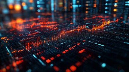 Poster - Vibrant holographic data displays represent various global statistics, illuminating a modern urban setting with dynamic visual elements.