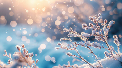 Aufkleber - Frozen branches adorned with snow creating a picturesque winter scene on a sunny day