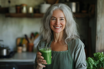 A joyful vegetarian woman holds a vibrant green smoothie in a cozy kitchen filled with fresh produce and herbal plants