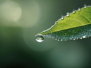 Wall Mural - A single, perfectly round raindrop hangs from the edge of a green leaf, with other water droplets scattered across the surface.