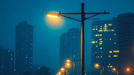Aufkleber - A modern electric pole with LED street lights in an urban setting, showcasing its design and illumination against the backdrop of city buildings.