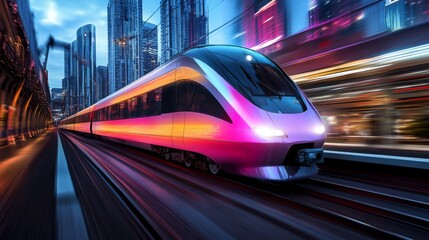 Aufkleber - A modern electric train speeding through a cityscape, with sleek design and vibrant colors, showcasing its efficiency and advanced technology.