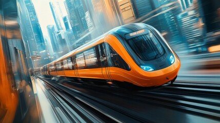 Aufkleber - A modern electric train speeding through a cityscape, with sleek design and vibrant colors, showcasing its efficiency and advanced technology.