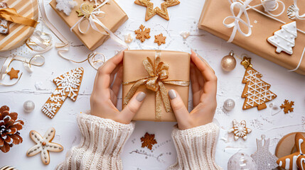 Poster - Woman wearing a knitted sweater holding a christmas present surrounded by cookies, ornaments and decoration