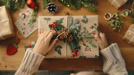 Poster - Busy woman adds festive decorations to a christmas gift on a cozy table, radiating warmth and holiday cheer in a rustic home setting