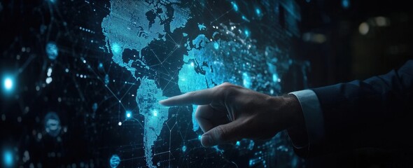 Businessman touching a digital screen with a world map on a virtual background, a technology and global business concept Generative AI