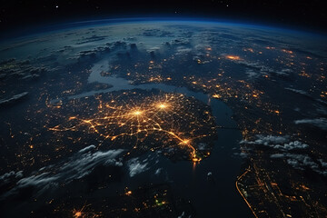 Wall Mural - Futuristic city aerial view at night. Structure of sci-fi metropolis with neon lights from the bird view