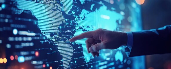 Businessman touching a digital screen with a world map and global network connection, a data transfer technology concept Generative AI