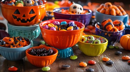 A variety of Halloween treats arranged in colorful bowls with spooky dÃ©cor for an irresistible festive display