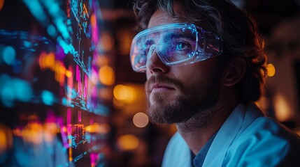 Poster - A researcher in safety goggles intently observes holographic displays in a high-tech laboratory, exploring innovative scientific phenomena.
