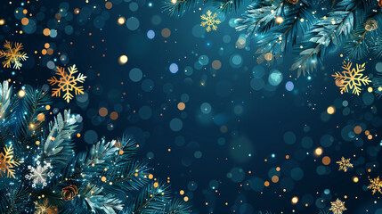 Aufkleber - Christmas background with golden snowflakes falling on pine branches and a blue background with bokeh effect