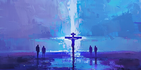 A modern abstract painting of Jesus Christ's sacrifice, with blue and purple hues, for a minimalist Christian art display.