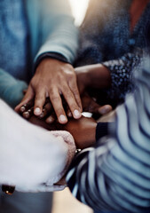 Poster - Students, hands and friends in huddle for education, knowledge or test preparation in college. University, people and unity with support for help, project collaboration and scholarship teamwork