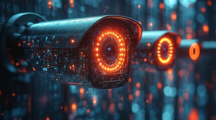 Poster - holographic security cameras oversee a futuristic digital landscape, illuminated by bright, pulsatin