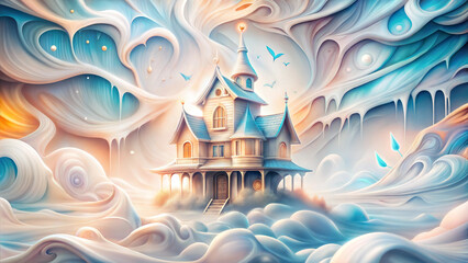 Dreamy surreal haunted house floating in cloudy sky with fantasy elements

