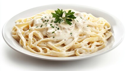 Canvas Print - A perfectly cooked plate of fettuccine Alfredo, with a creamy sauce and parsley garnish, presented on a white plate with a white background.