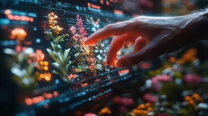 Poster - A person interacts with holographic sensors that present vibrant environmental information about flowers in a contemporary space.
