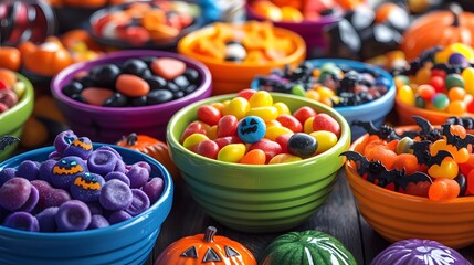 A close-up view of Halloween candies in vibrant bowls surrounded by spooky decorations for an irresistible festive display