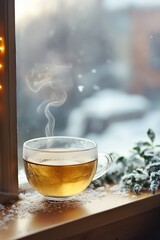 Wall Mural - A steaming cup of herbal tea rests on a frosty windowsill amidst a serene winter landscape with soft snowfall