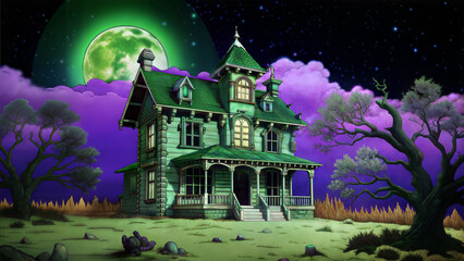 Spooky Victorian haunted house eerie glowing against mystical forest background

