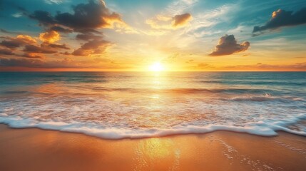 Poster - A picturesque sunset over the ocean, with the sun dipping below the horizon and casting warm, golden hues across the tranquil beach