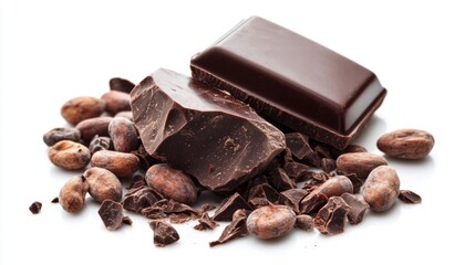 Aufkleber - A piece of dark chocolate with a glossy finish, broken into chunks and surrounded by cocoa beans, all set on a pristine white background.