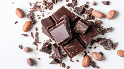 Aufkleber - A piece of dark chocolate with a glossy finish, broken into chunks and surrounded by cocoa beans, all set on a pristine white background.