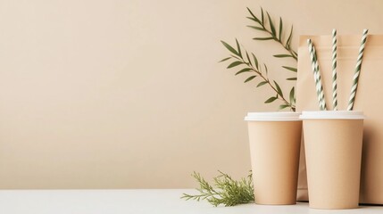 Eco-friendly food packaging and green twigs against beige background.