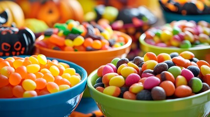 A close-up of Halloween candies displayed in bright bowls with spooky decorations creating a festive and vibrant scene