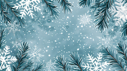 Poster - Christmas background with falling snow and fir branches creating a frame for text or design