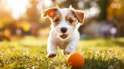 Aufkleber - A playful puppy chasing after a ball in a sunny park, with its ears flopping and a happy, energetic pose, capturing its playful spirit.