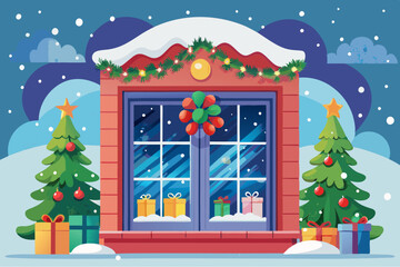 Wall Mural - Christmas window watercolor clipart illustration with isolated background.
