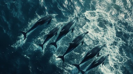 Poster - A pod of dolphins swimming in unison, creating elegant patterns and arcs in the water as they move through the ocean.