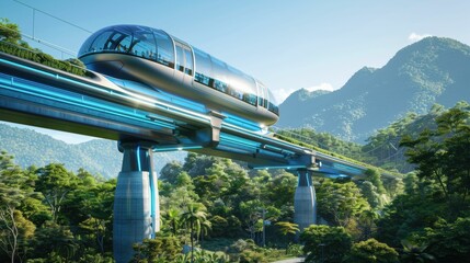 A futuristic train is traveling over a bridge in a mountainous area