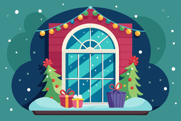 Wall Mural - Christmas window watercolor clipart illustration with isolated background.
